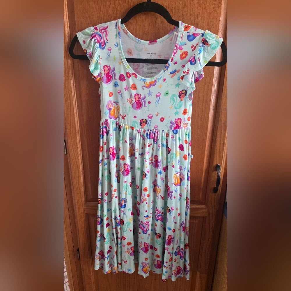 Posh Peanut Mint Mermaid Print Ruffle Sleeve Dress